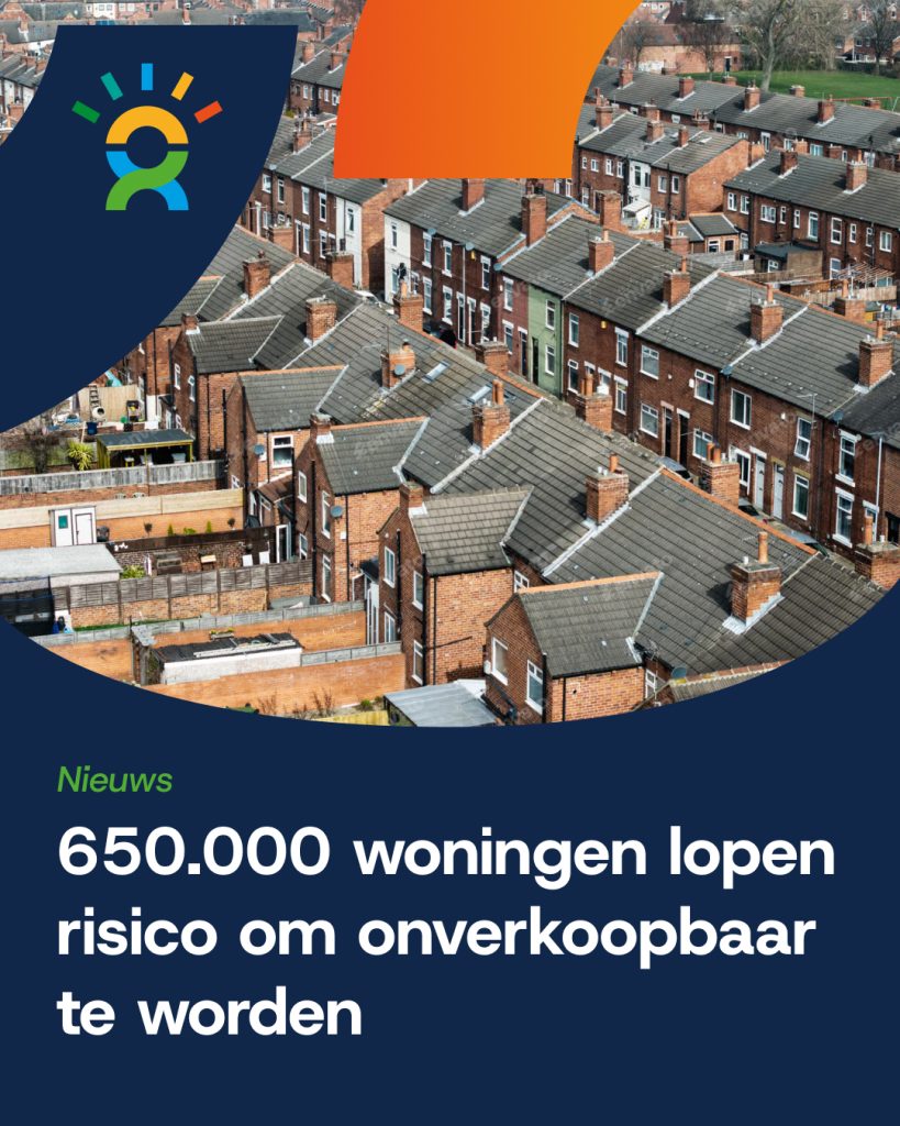 Luchtfoto van een rij jarenzeventigwoningen met daarover de tekst ‘650.000 woningen lopen risico om onverkoopbaar te worden.