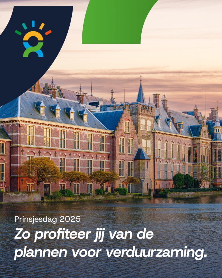 Het Binnenhof in Den Haag met titel over Miljoenennota 2025: Zo profiteer jij van de plannen voor verduurzaming.